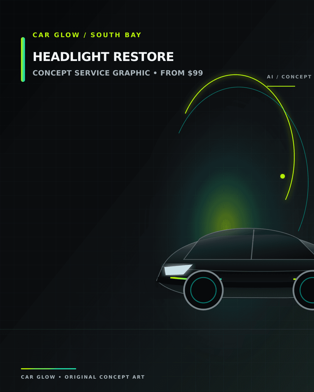 Conceptual illustration for CarGlow's $99 headlight restoration offer; not a customer before-and-after